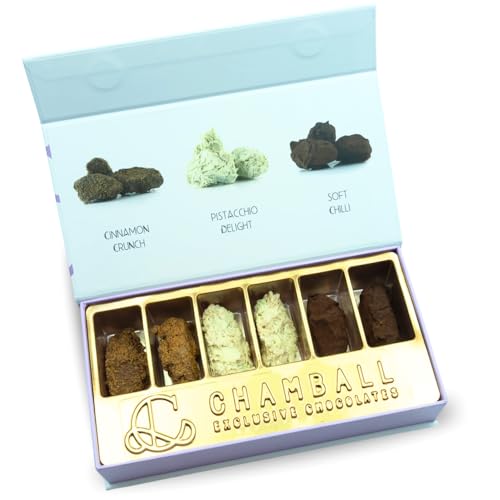 CHAMBALL GOURMET.- 6 Trufas. 2 de Pistacho, 2 de Chili y 2 de Cookies con canela.Ideal para Disfrutar y Regalar - Caja de Chocolates Belgas Artesanos -Surtido de Bombones Premium de Origen Belga