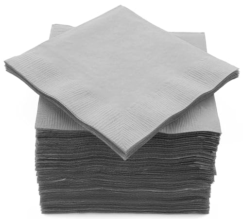 100 Pack Silver Beverage Napkins Big Party Pack 2 Ply Ideal for Wedding Party Birthday Dinner Lunch Cocktails. (5 x 5) by Amcrate