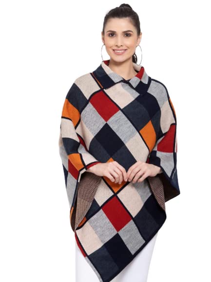 women girls acrylic winter wear solid knitted open front poncho shrug,navy blue