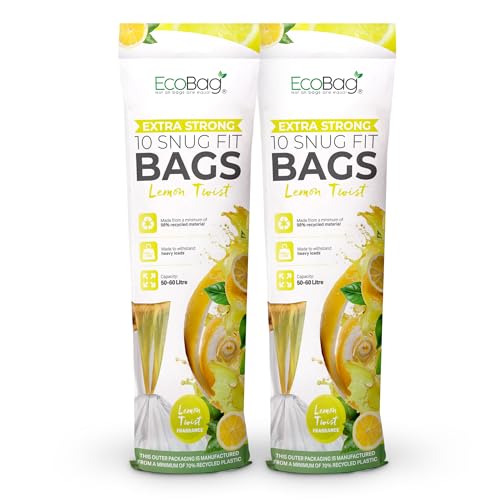 EcoBag - 20 Pack Lemon Scented Kitchen Drawstring Bin Liner - 60L - 28 Microns - Heavy Duty, Extra Strong, Brabantia Compatible, Tear Resistant, Fresh Smell (620 x 810mm)