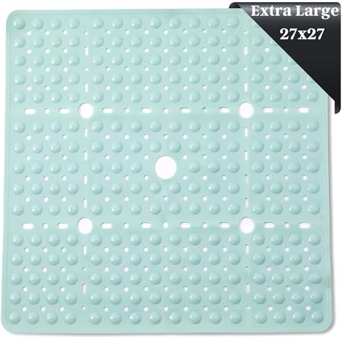 ENKOSI Large 27 x 27 inch Square Non-Slip Shower Mat | Anti Slip Shower Stall Mat for Elderly and Young | Durable Shower Mat with Strong Secure Suction Cups and Drain Holes (27x27 Aqua Green)