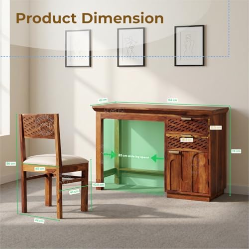 Image of NSH Solid Sheesham Wood Study Table with Chair | Wooden Writing Desk with Drawer & Door Storage | Pre-Assembled Computer Desk Workstation for Home Office & Study Room | Honey Finish
