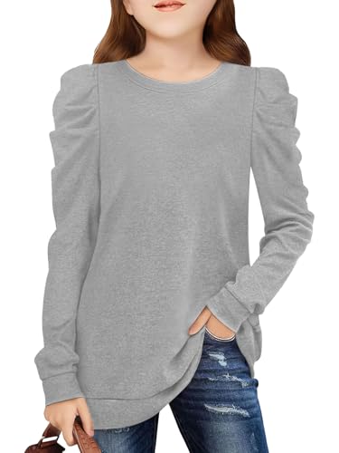 Girls Puff Sleeve Cute T Shirts Kids Fall Tops Crewneck Clothes Loose Fit 5-14Y Light Grey