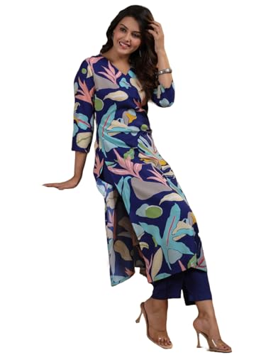 ANNI DESIGNER Womens Rayon Blend Straight Printed Kurta with Pant (Jonaki Navy Blue_M_Navy Blue_Medium) (B0CWRX8RC8) Amazon Price History, Amazon Price Tracker