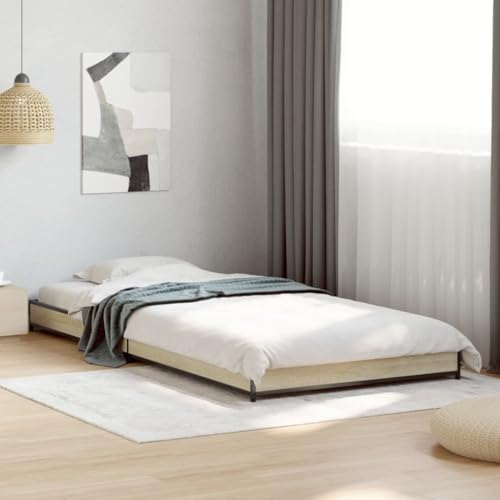 vidaXL Bettgestell, Bett mit Metallbeine Sperrholzlatten, Einzelbett für Schlafzimmer, Modern, Sonoma-Eiche 100x200cm Holzwerkstoff Metall