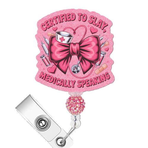 Pink Bow Badge Reel for Nurses with Glitter Acrylic Badge