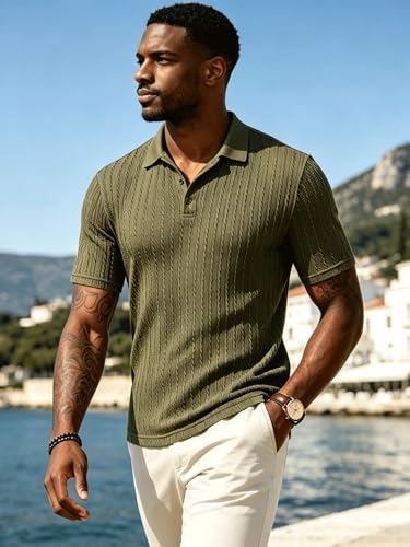 UOUA Polo para Hombre Textura Tejida con Botones Camiseta Casual Manga Corta para Verano Vacaciones Golf miniatura 2