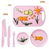 TJ POP 子供用 安全包丁セット (包丁/まな板/プラスチック皿/フォーク付き) BPAフリー ピンク 6点セット 幼児用キッチン道具 料理トレーニング 親子の絆を深める お子様の「やってみたい！」を応援