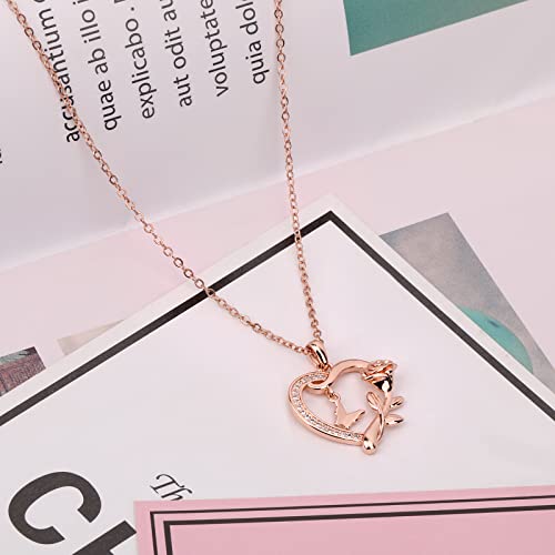 Heart Necklace for Women Sterling Silver/14k Gold Plated/Rose Gold CZ Romantic Rose and Butterfly Jewelry for women Birthday Valentine's Day Gift for Girls3