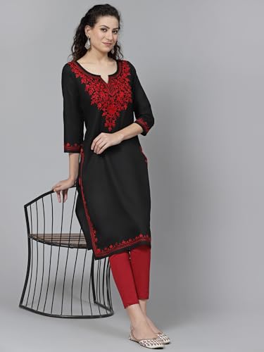 Image of QAZMI Women's Floral Aari Embroidered Viscose Rayon 3 /4 Sleeves Straight Kurta
