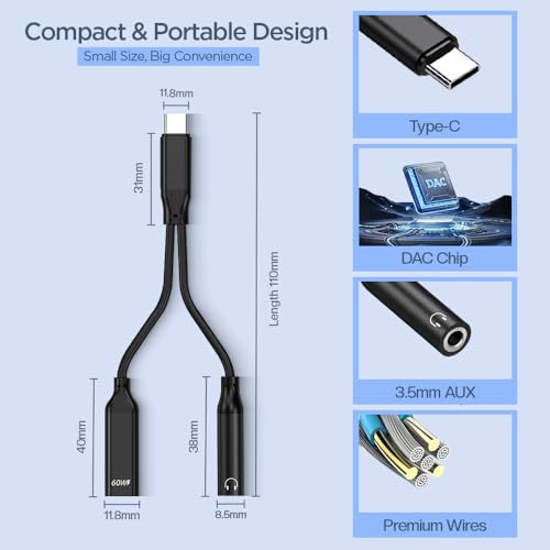 Image of UNIGEN 2 in 1 USB C to 3.5mm Headphone and Charger Adapter, AUX Mic Jack with PD Up to 60W Fast Charging for Stereo, Earphones, Compatible with Samsung Galaxy S25 /S24 /S23 /S22+, Google Pixel 8 /7
