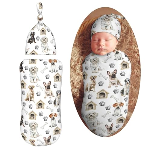 Image of Cute Dog Swaddle Blanket with Beanie Hat Set Animal Print Newborn Swaddle Wrap Soft Baby Receiving Blankets Baby Swaddle Blanket for Baby Boys and Girls