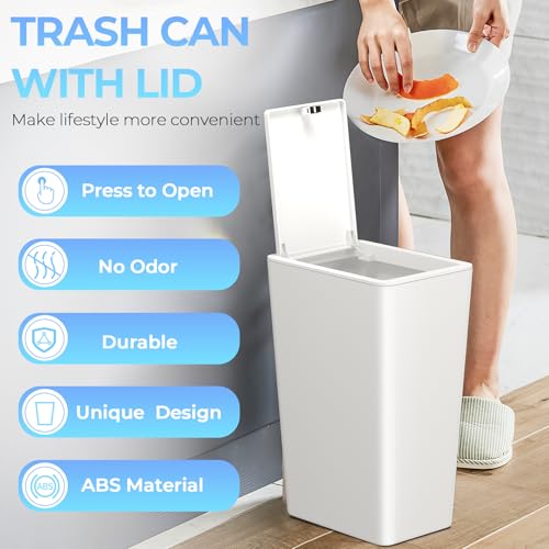 Image of 4 Gallon Bathroom Small Trash Can with Lid, 15L Slim Garbage Bin Wastebasket with Pop-Up Lid for Bedroom, Office, Kitchen, Dorm, Fits Under Desk
