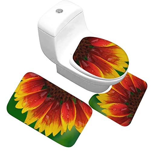 Badematten Set,Badematten Teppich-Set 3 Stück Tautropfen Sonnenblume 3D-Druck Rutschfeste Badematten Weiche Mikrofaser…
