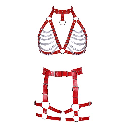 Punk Waist Garter Belt Full Body Chain Harness For Women Photography Dance Rock Leather Set Halloween Party Gothic (Red) #TOP18