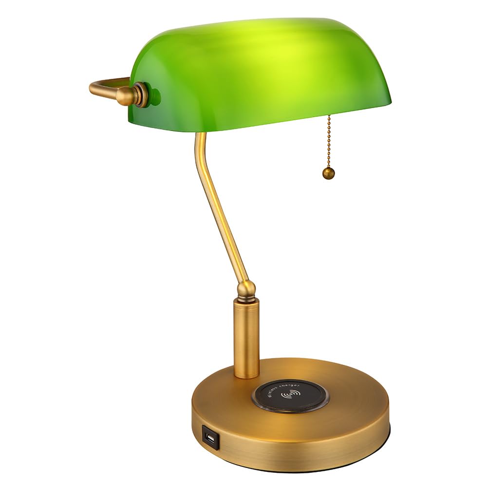 LED Schreibtischleuchte Bankerlampe Tischlampe altmessing Glas grün Leseleuchte, kabelloses Laden USB Anschluss, Zugschalter, 7W 806lm warmweiß, LxH 26,5x36 cm