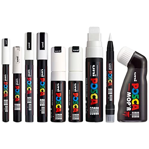 Posca - Juego completo de 9 bolígrafos - MOP'R, PCF-350, PC-17K, PC-8K, PC-7M, PC-5M, PC-3M, PC-1M, PC-1MR - Juego blanco