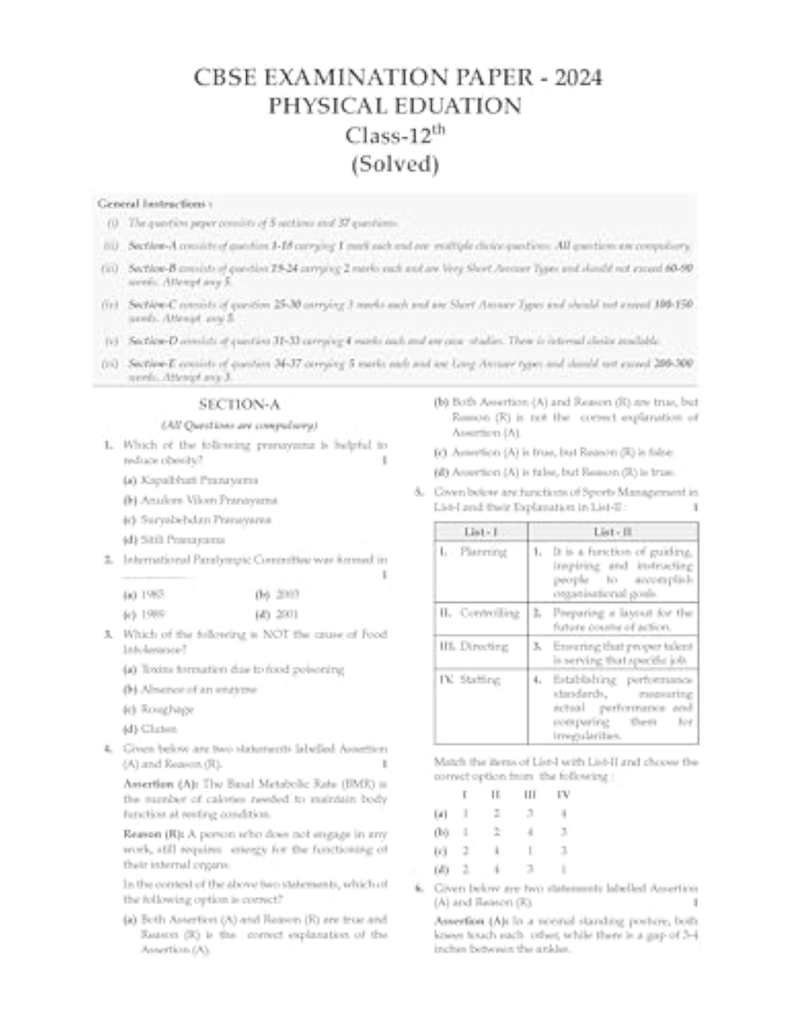 Oswaal CBSE Bank Chapterwise SOLVED PAPERS Class 12 Physical Education