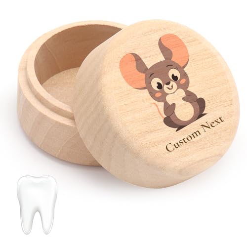WALLFID Boite à Dents de Lait en bois Personnalisée,Personnalisable avec le Prénom de L'enfant,Ornée d'un Adorable Motif de Souris Dentée,Convient aux Filles et aux Garçons (Canette ronde)