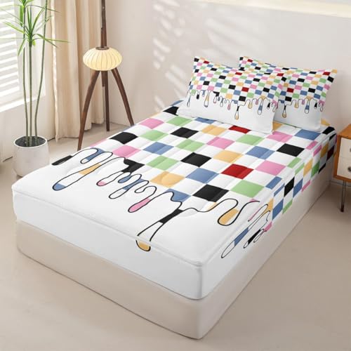 Image of Rainbow Checkered Zipper Bedding 4 Piece Comforter Set - Full Size Zip Up Comforter with Fitted Sheet & 2 Pillowcases,Checkerboard Drip Indie Aesthetic Funky Geometric Bed in a Bag for Kids