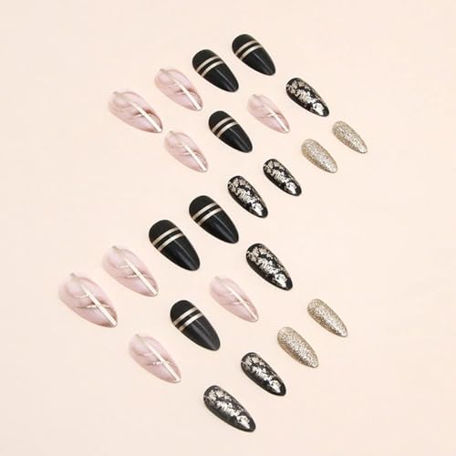Image of Black Press on Nails Medium Almond Fake Nails with Gold Foil Design Glitter Stick on Nail Glossy Acrylic Full Cover Gold Line Glue on Nails Nude Stiletto False Nail for Women Girls Manicure 24pcs