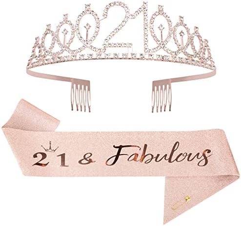 Mikccer Rose Gold 50th Birthday Sash and 50 Birthday Tiara, Rhinestone Crown Headband for 50th Birthday Gifts, 50th Birthday Decoration Party Accessories for Women