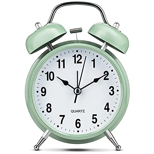 Image of Bernhard Products Analog Alarm Clock 4 inch Twin Bell Green Silent Non-Ticking Quartz Battery Operated Extra Loud with Backlight for Bedside Desk, Retro (Pistachio Green)