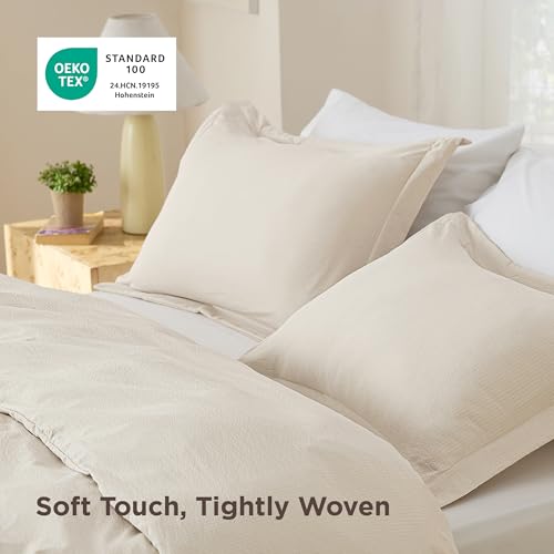 Image of Bedsure Textured Duvet Cover Queen Size - Cotton-Like Polyester Jacquard Duvet Cover Set for All Seasons - 3 Pieces Elevated Textured Dobby Soft Bedding Set, NO Comforter (Beige, Queen, 90 inchx 90 inch)