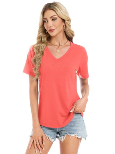 Womens T Shirts Summer Tops Short Sleeve V Neck Dressy Casual Blouses Work Plus Size Tunic Vacation Boho Outfits, Coral Pink S — view 2