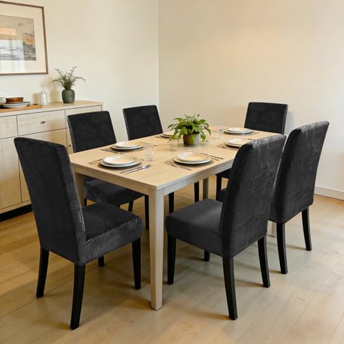 Alishomtll Stuhlhussen 6er Set Universal Stretch Kurzflor Stuhlhussen Schwingstuhl Elastische Abnehmbare Blättern Stuhlbezug Waschbarer Hussen für Stühle für Esszimmer Hotel Bankett (Schwarz, 6 Stück)