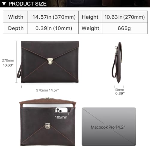 Image of CONTACTS Full Grain Leather 14.2 inch Laptop Sleeve with Lock Slim Briefcase Laptop Case 14.6 inchx 10.6 inch Document Bag Mens Envelope Bag