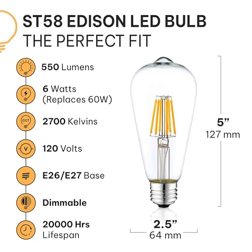 HUDSON BULB CO. Vintage LED Edison Light Bulbs, 60W Equivalent, E26/E27 Base, 2700K Warm White, Dimmable, ST58 Style Decorative Lights - 6 Pack
