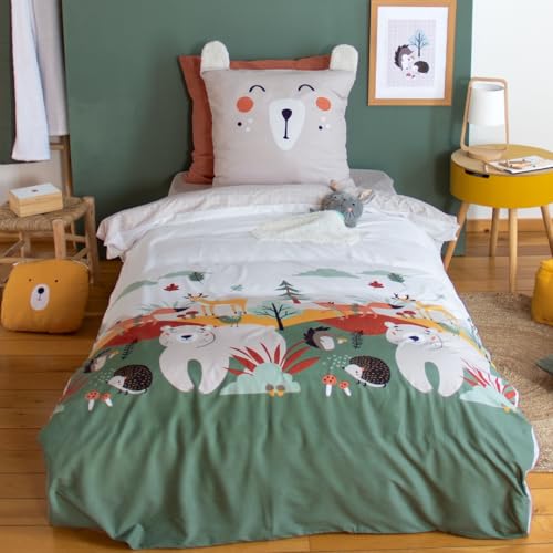 CÔTE DECO Parure de Lit Ours 140x200 cm Enfant - Housse de Couette 140x200 cm + 1 Taie d'oreiller 63x63 cm Motif Animaux de la Forêt Vert et Beige avec Poche...