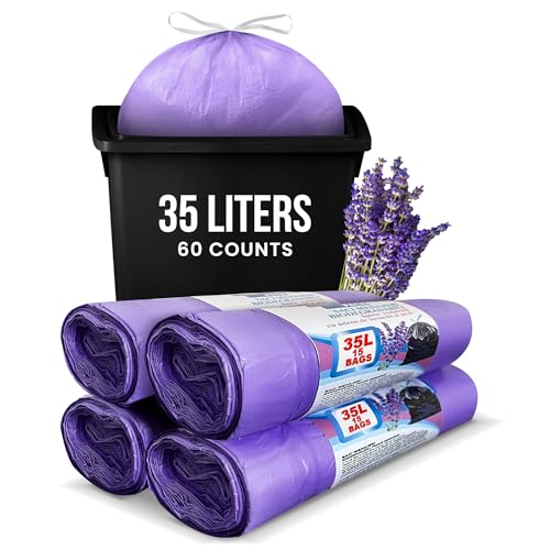 Lavender Scented Bin Bags 30L-35L (60 Counts) Very Strong with Drawstring Swing Bin Liners for Kitchen Office General Waste or Bathroom Bin Bags | Merve Pack