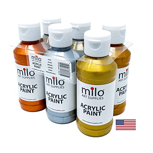 Image of milo Metallic Acrylic Paint Set, 6 Metallic Colors, 4 oz Bottles | Safe and AP Non-Toxic, Made in the USA, Arts & Crafts Paints for Artists, Student & Hobby Painters, Paint Pack, Multi-Media