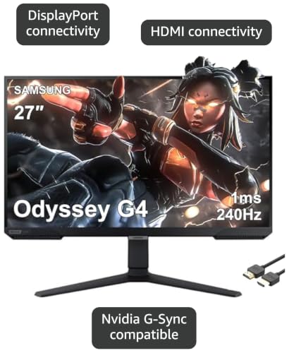 Image of SAMSUNG 27 inch Odyssey G4 Series FHD Gaming Monitor, 240Hz, 1ms, G-Sync Compatible, AMD FreeSync Premium, Ultrawide Game View, HDR 10, IPS, DisplayPort, HDMI, Black, with MTC HDMI Cable