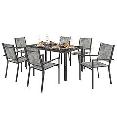 Outsunny Set Tavolo da Giardino con Sedie da 7 Pezzi, Set da Pranzo con Tavolo con Piano in Legno Composito a Doghe, 6 Sedie da Esterno Impilabili, Set di Mobili in Acciaio Texteline, Grigio e Nero