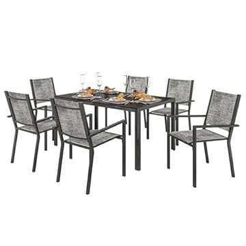 Outsunny Set Tavolo da Giardino con Sedie da 7 Pezzi, Set da Pranzo con Tavolo con Piano in Legno Composito a Doghe, 6 Sedie da Esterno Impilabili, Set di Mobili in Acciaio Texteline, Grigio e Nero