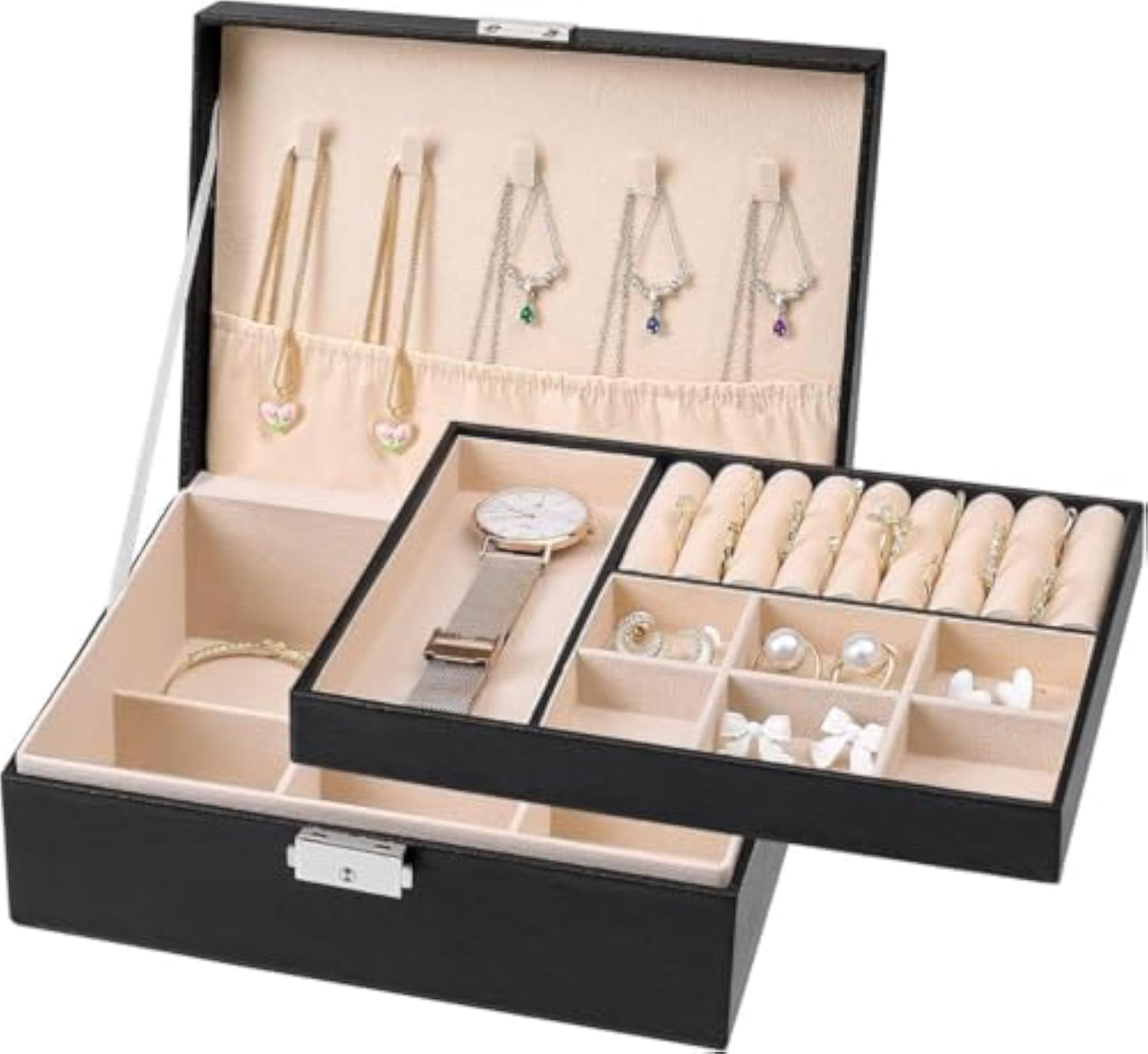 Double Layer PU Leather Jewellery Box with Watch Display
