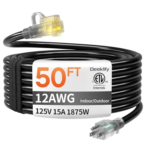 12 Gauge 50 FT Heavy Duty Outdoor Extension Cord Waterproof with Lighted End,Black 12 Gauge Extension Cord Flexible and Cold Resistant 3 Prong Grounded Plug,15Amp 1875W SJTW ETL Listed