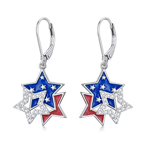 SHUSUKUE American Flag Drop Earrings 925 Sterling Silver Patriotic Earrings