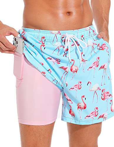SILKWORLD Men's Swim Shorts with Compression Liner, 5 Inch Inseam Lined Swimming Trunks, Flamingo Print, 2XL