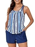 Summer Mae Blouson Women's Tankini Swimsuits Tummy Control Modest 2025 Two Piece with Sporty Pockets Bathing Suits Blue Vertical Large