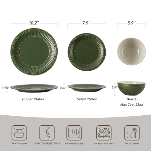 Image of Famiware Garden 24-Piece Embossed Plates and Bowls Sets, Stoneware Reactive Glaze Dishes Dinnerware Set, Modern Rustic, Chip & Scratch Resistant, Microwave & Dishwasher Safe, Service for 8, Dark Green