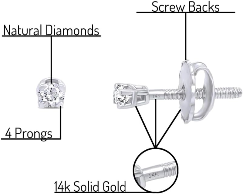 Round Lab Grown or Natural Diamond Stud (IGI Certified 0.70 ct & up) Popular Plus Quality Screw Back Earrings in 14k Solid Gold, 0.04 Ctw & Up,Gift For Her