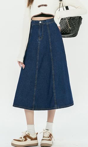 chouyatou Women's High Elastic Waist Spring Midi Denim Skirt Casual A-Line Pleated Umbrella Jean Skirt3