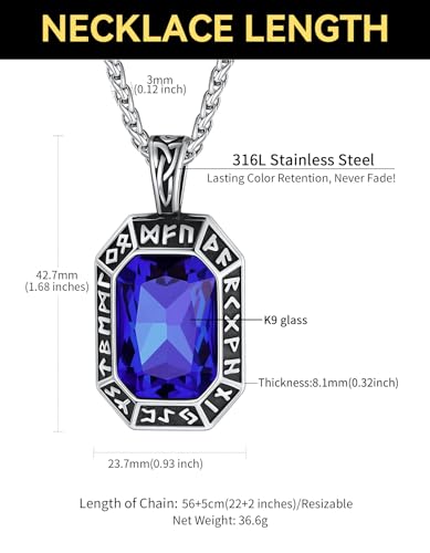 Image of ChainsHouse Viking Rune Pendant Necklace for Men Women, Punk Biker Black Metal /316L Stainless Steel Onyx Norse Vintage Amulet Necklaces with Black /Red /Green /Blue Gemstone, Send Gift Box