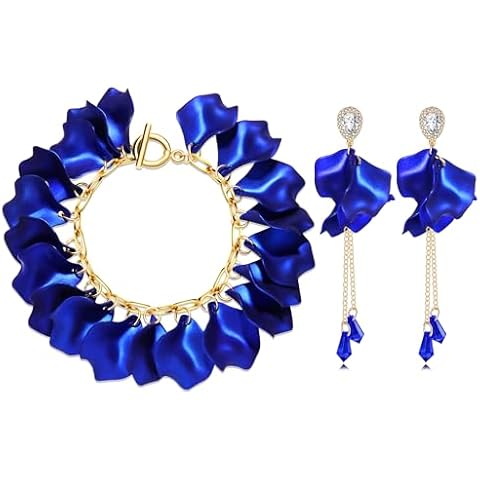 FAERLIIRY Flower Petal Earrings Bracelets Jewelry Set for Women Oversized Rose Petal Dangle Earrings Floral Long Tassel Earrings Statement Exaggerated Earrings Red Bracelets (Bracelets Earrings-Blue) Cover