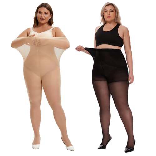 Image of YAGAXI 2 Pairs Plus Size Sheer Tights for Women - 20D Women's Control Top Pantyhose Reinforced Toe