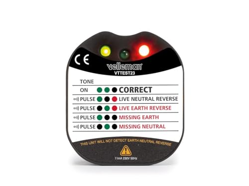 Velleman Tensión de la toma y la tensión de la tierra, con LED y timbre, Cat II, 230 V, detecta errores de cableado, diagnóstico inmediato, para uso profesional y doméstico
